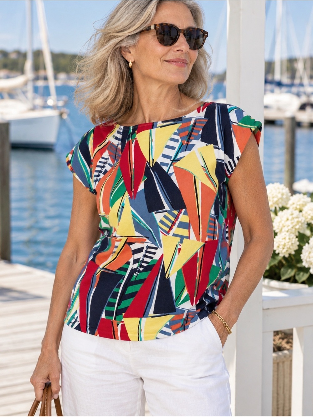 Talbots Sailboat Nautical Print Top Cotton Rayon Cap Sleeve M